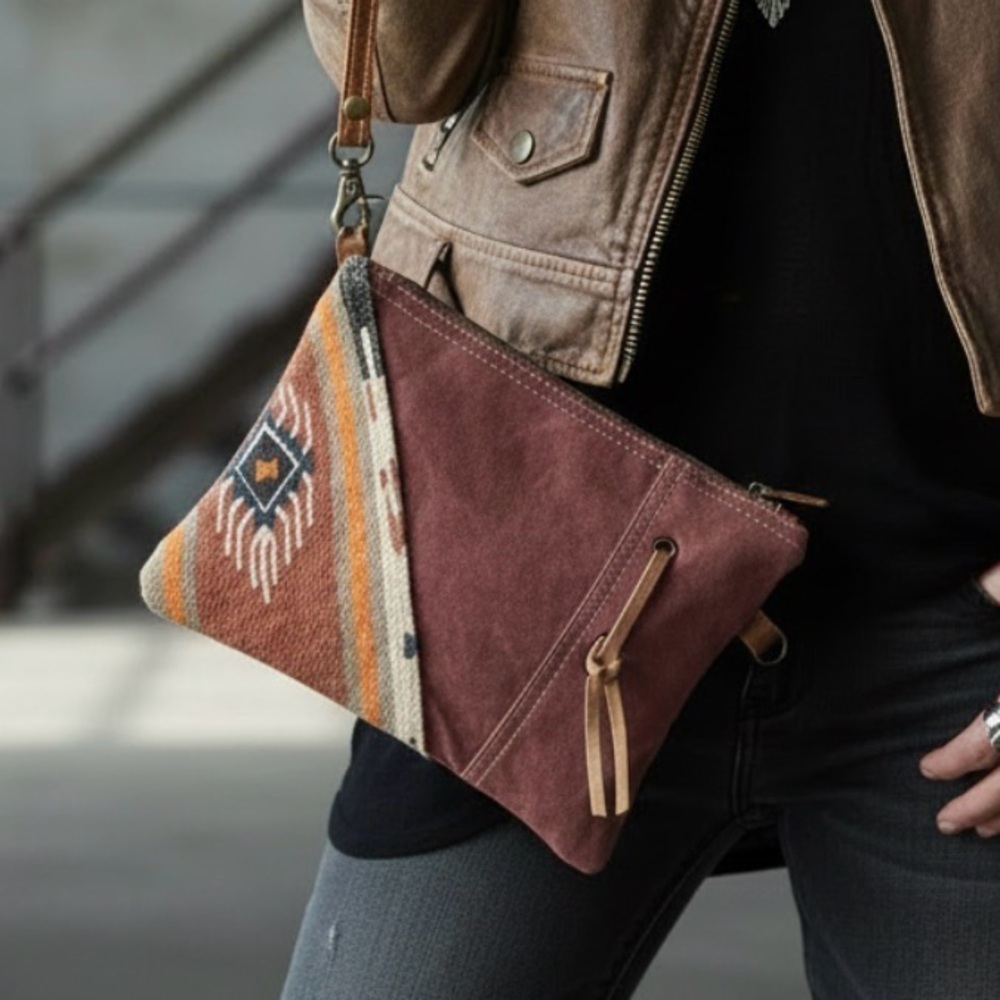 NWT Genuine Leather, Canvas and Rug Wristlet Boho Aztec Tribal Bag Clutch - Picture 4 of 9